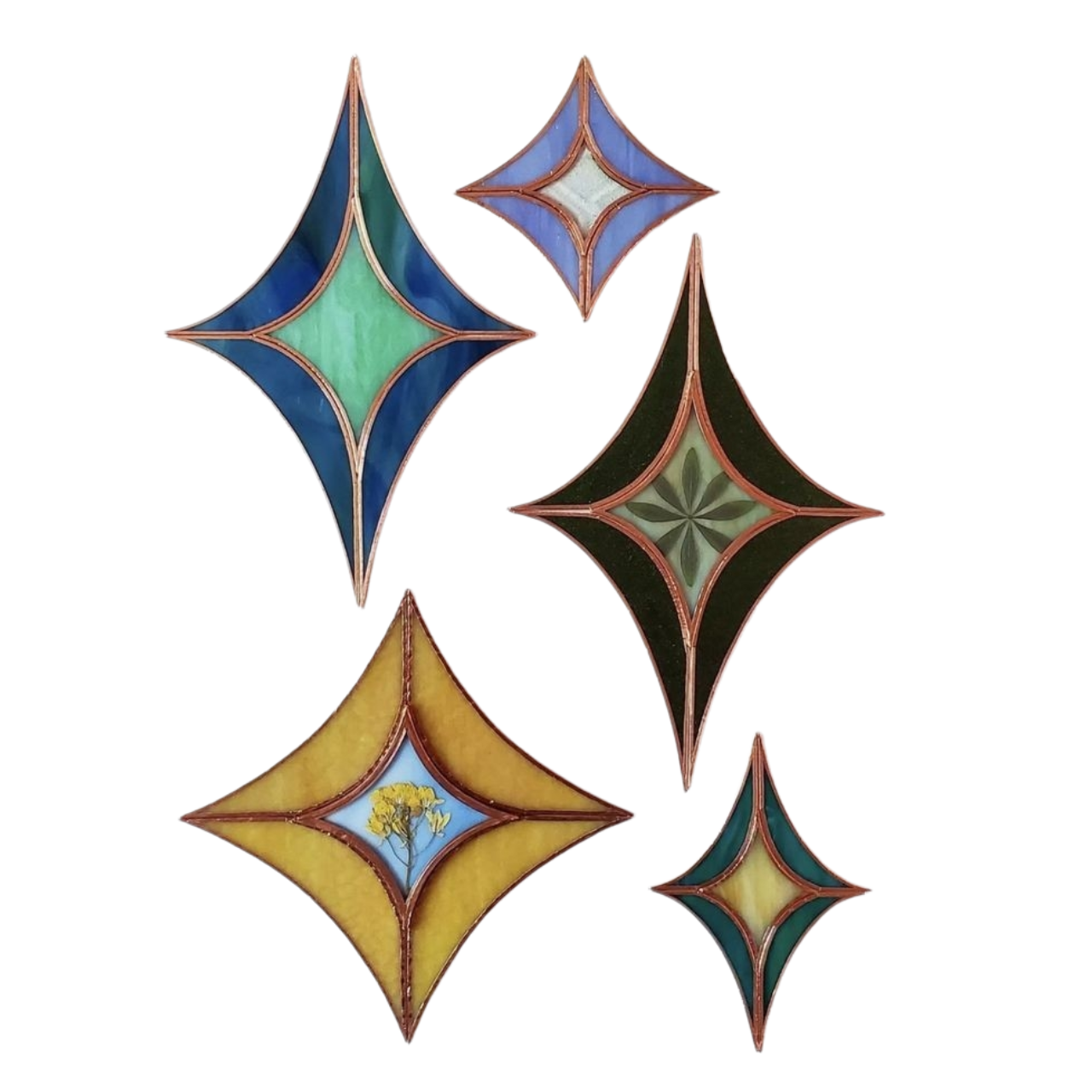 5 stained glass stars of various colors